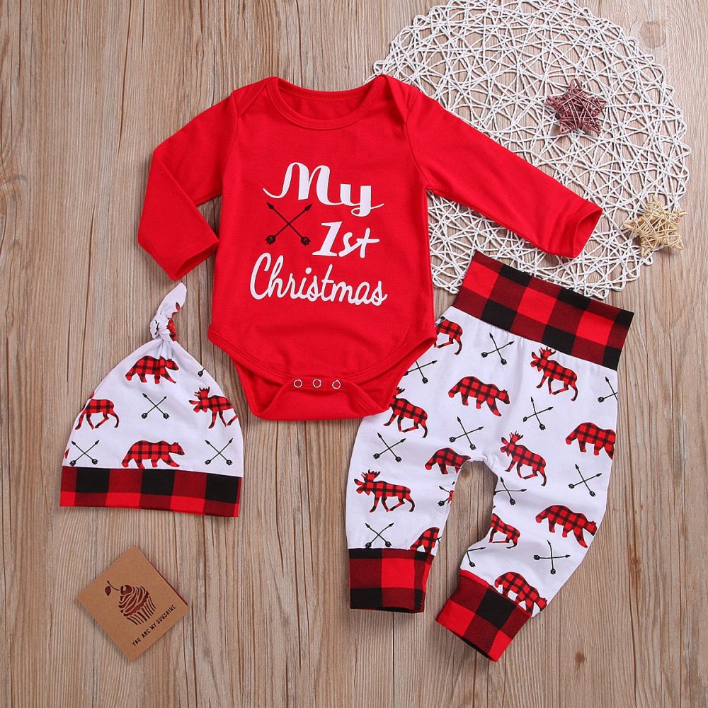 Lovely Baby Boy Girl My First Christmas Letter Romper Kids T-Shirts Pant  Hat Outfits - Image 8